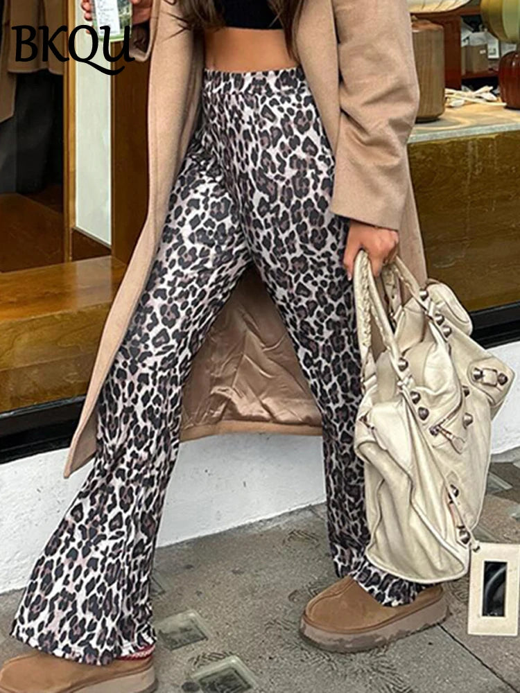 BKQU Women Leopard Print Casual Flare Pants Y2k Aesthetic High Waist Basic Leggings Trousers Autumn Fashion Slim Streetwear 2024
