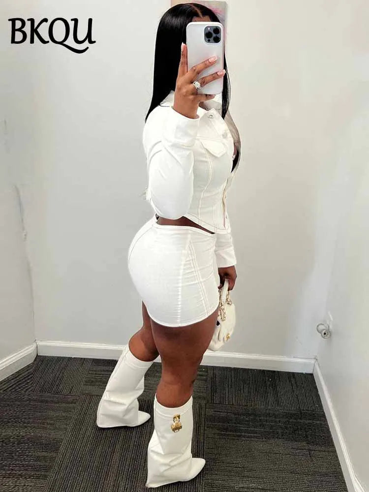 BKQU Denim Cargo Style 2 Piece Set Women Long Sleeve Single-Breasted Jacket Striped Mini Skirt Casual Matching Set 2025 Street