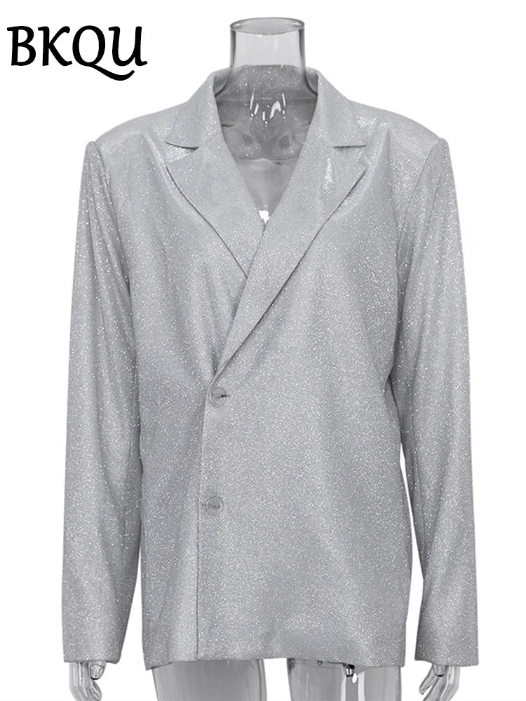 BKQU Shiny Silver Pants Set Women Party Club Blazer Two Piece Luxury Sets Femme Straight Pants and Glitter Blazers Matching Suit