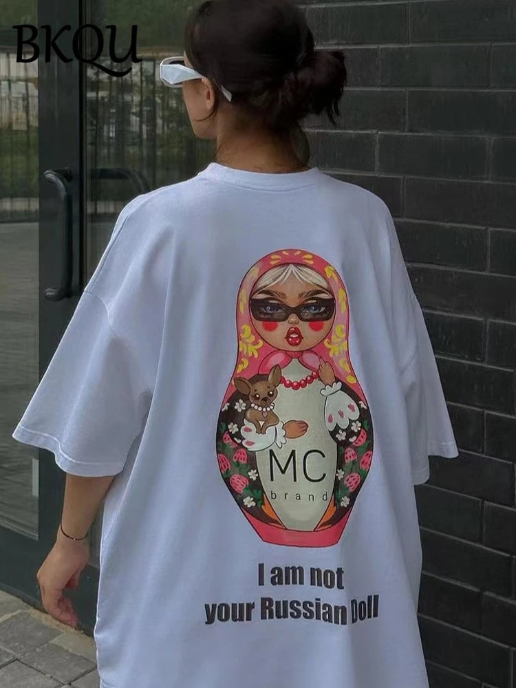 BKQU Oversized T-shirt Women Graphic Print Ripped Half Sleeve Tee Shirts High Street Hip Hop Female Pullovers Vintage Loose Tops