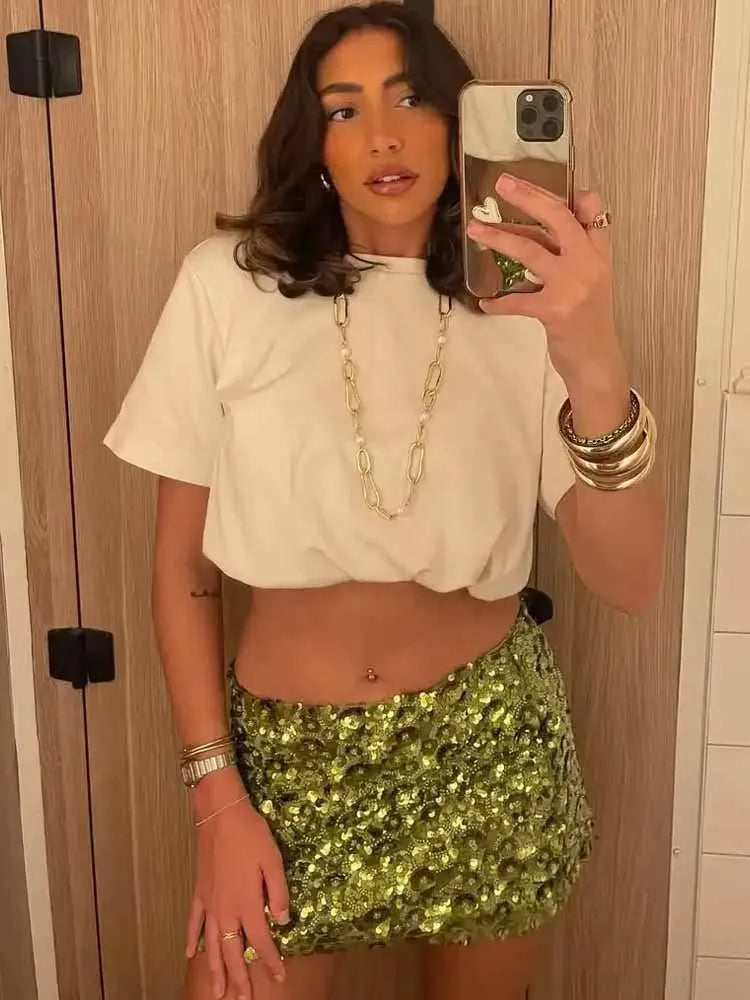 BKQU Fashion Slim Green Sequin Mini Skirt Women Sparkling A-Line High Waist Wrap Short Skirts Female 2025 Summer Party Club Y2k