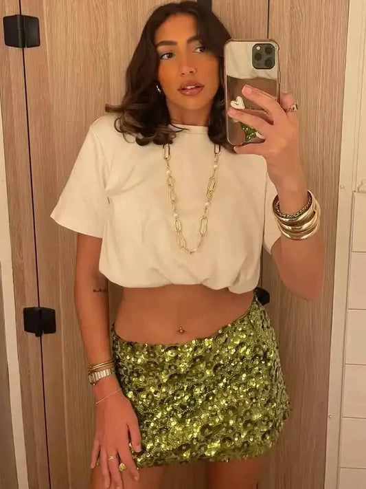 BKQU Fashion Slim Green Sequin Mini Skirt Women Sparkling A-Line High Waist Wrap Short Skirts Female 2025 Summer Party Club Y2k