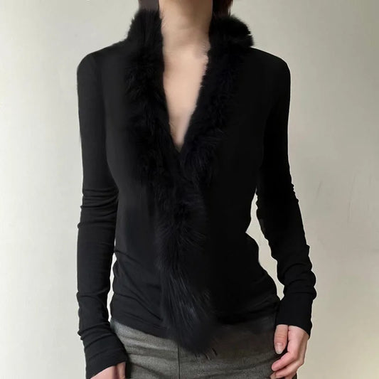 BKQU Fur Collar Long Sleeve Pullover Tops Women French Elegant V Neck Furry Slim T-shirt Autumn Winter Black Tees Y2K Streetwear