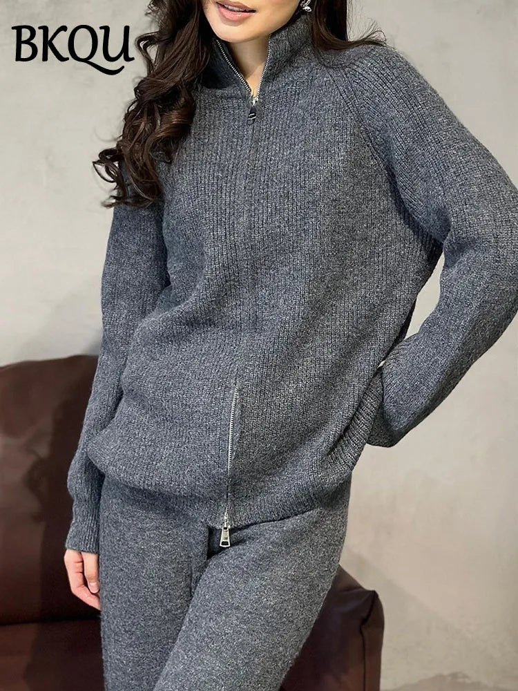 BKQU Sweater Cardigan Pants 2 Pieces Sets Women Casual Solid Zipper Jackets Wide Leg Trousers Autumn Winter Knitted Tracksuit