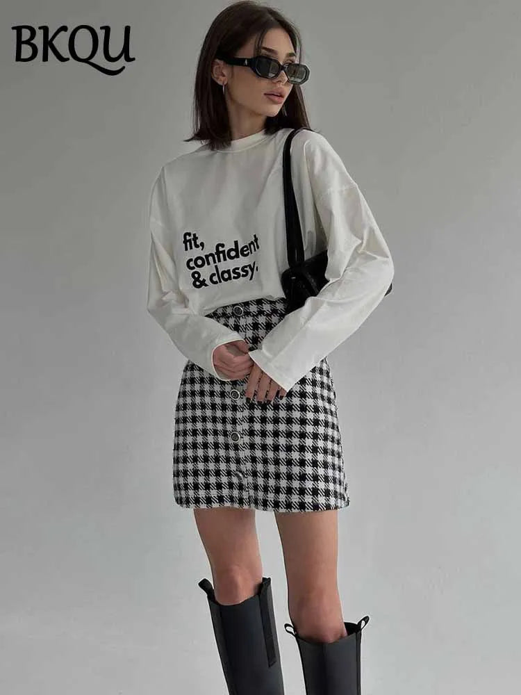 BKQU Letter Printed Women Long Sleeve T-Shirt Cotton Loose O Neck Pullover Tees Casual All-match Female Harajuku Streetwear 2025
