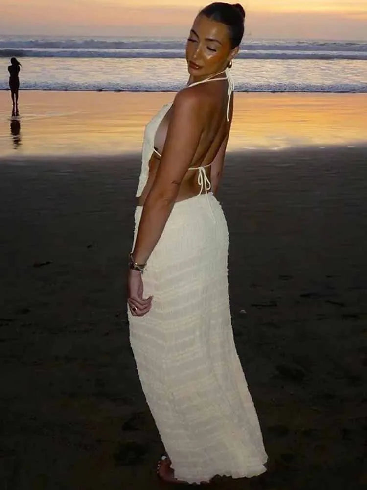 BKQU Ruched Sexy Backless 2 Pieces Beach Holiday Outfits Women Halter Lace-Up Crop Tops Elegant Long Skirts Matching Set 2025