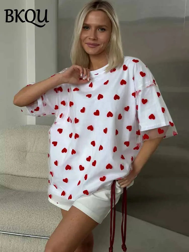 BKQU Sweet Heart Mesh Patchwork T-shirt Women Aesthetic Y2k Clothes Summer Loose Casual O-Neck Short Sleeve Tops Cotton T Shirt