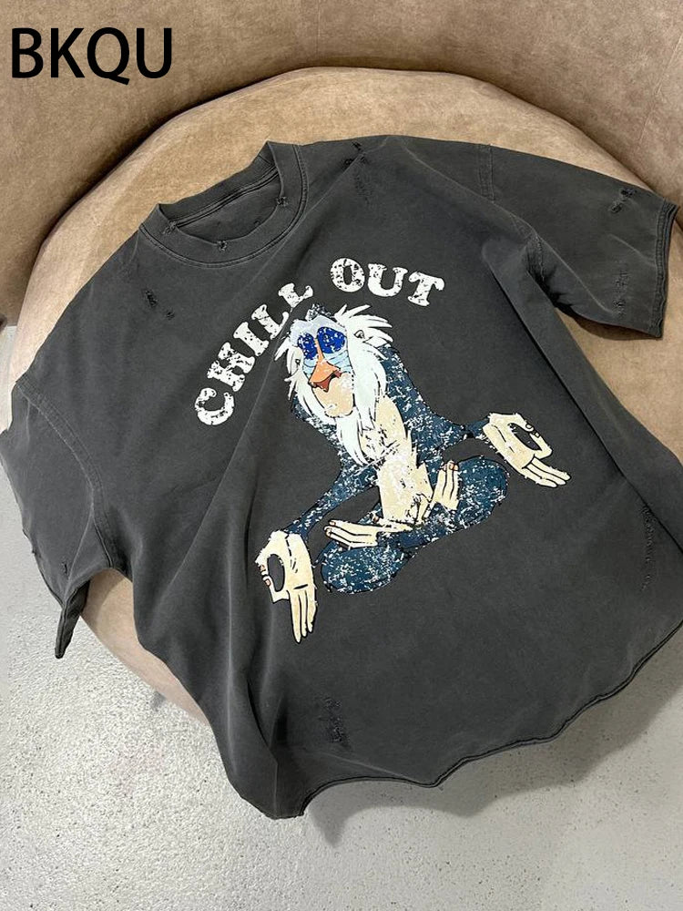 BKQU Cartoon Graphic Printed T Shirt Women Ripped Half Sleeve O-neck Tee Shirts Letter Loose Oversized y2k Pullovers Streetwear