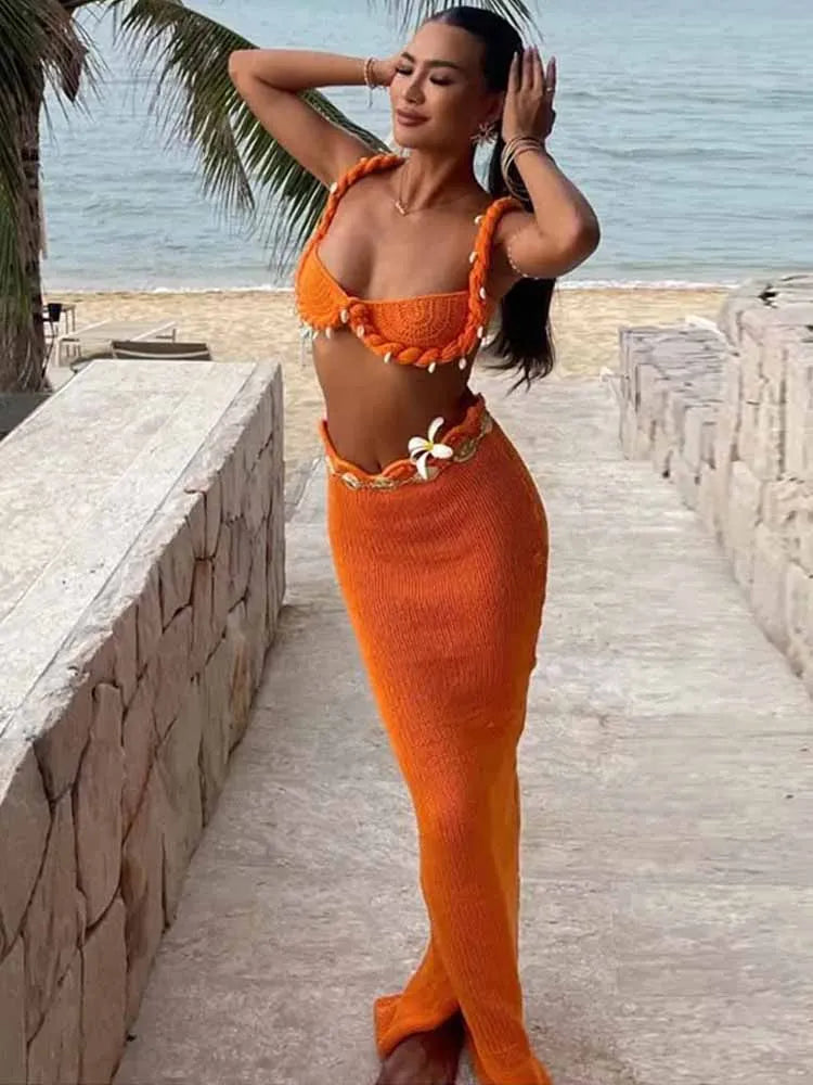 Chic Knitted Bikini Vest Skirt Sets Women Shell Twist Strap Backless Crop Top Hip Package Split Long Skirt 2 Piece Beach Outfits