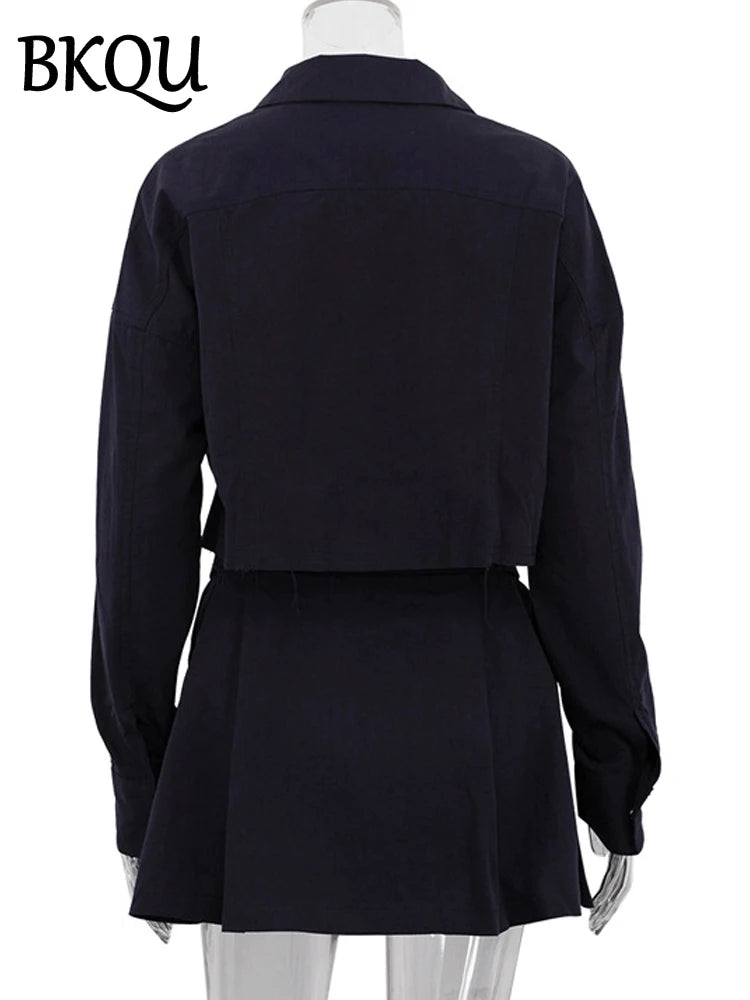 BKQU Fashion Women's Suit 2024 Elegant Lapel Long Sleeve Button Short Jacket Mini Pleated Skirts 2 Piece Outfit High Streetwear