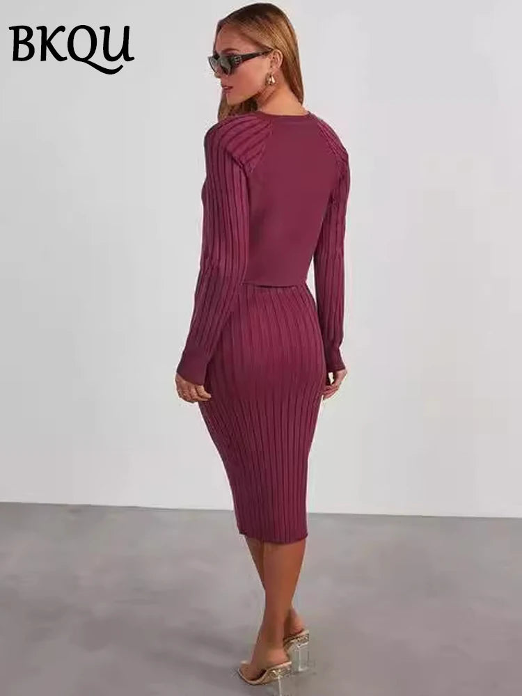 BKQU Knitted Dress Sets Women Sleeveless Square Collar Midi Dress and Long Sleeve O-neck Ribber Sweater Elegant Two Piece Set