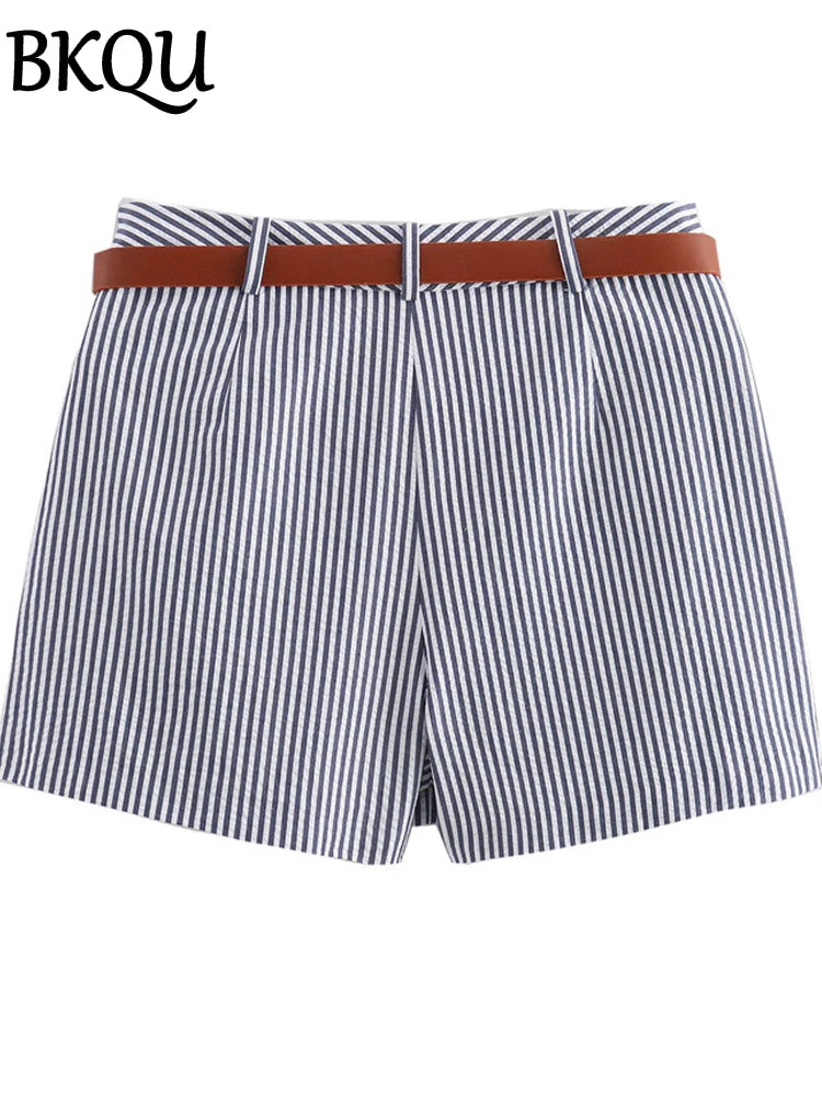 BKQU With Belt Fashion Striped Shorts Skirts Women Summer High Waist A-Line Casual Shorts Streetwear All-match Blue Skirts Pants