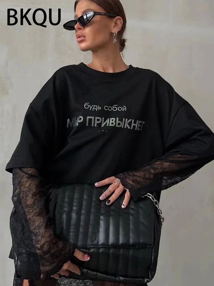BKQU Solid Black Oversized T shirts Women 2000s American Rhinestone Letter Short Sleeve Loose Tees Shirt Luxury Higt Street Tops