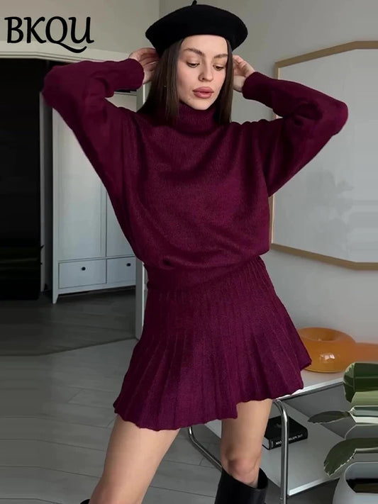 BKQU Casual Knitted Mini Skirt Sets Women 2 Pieces Wine Red Turtleneck Long Sleeve Sweater Pleated Skirts Suit Female Streetwear
