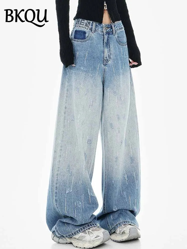 BKQU Rhinestone Jeans for Women Fashion Loose Wide Leg Denim Pants  High Wait Washed Blue Diamond Straight Jeans Chic Streetwear