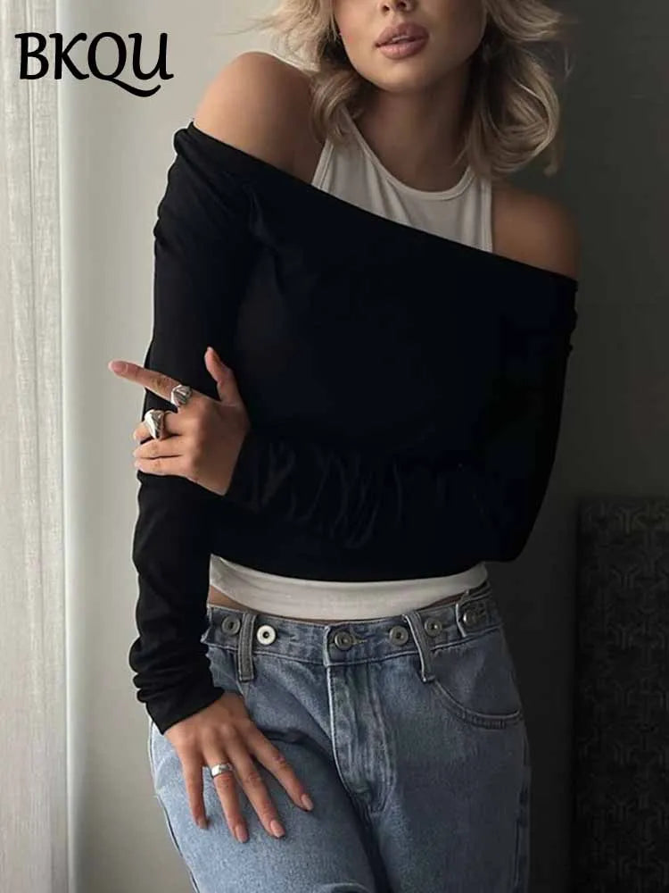 BKQU Casual Long Sleeve T Shirt Women Contrast Color Fake Two Pieces T-shirt 2025 Spring All-match Female Slim Crop Tops Street
