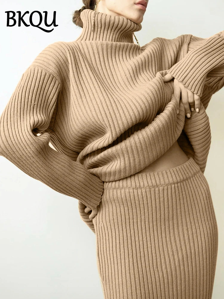 BKQU Turtleneck Sweater Elegant Knitted Skirt Suit Women Autumn Winter Soft Loose Pullover Elastic Slim Midi Skirt Two Piece Set