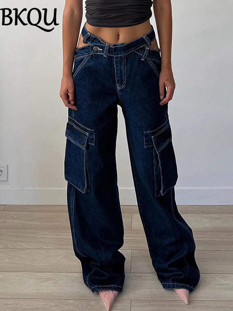 BKQU Wide Leg Cargo Jeans Women Low Waist Hollow Out Y2K Punk Baggy Pockets Straight Denim Pants Vintage Hip Hop Streetwear 2024