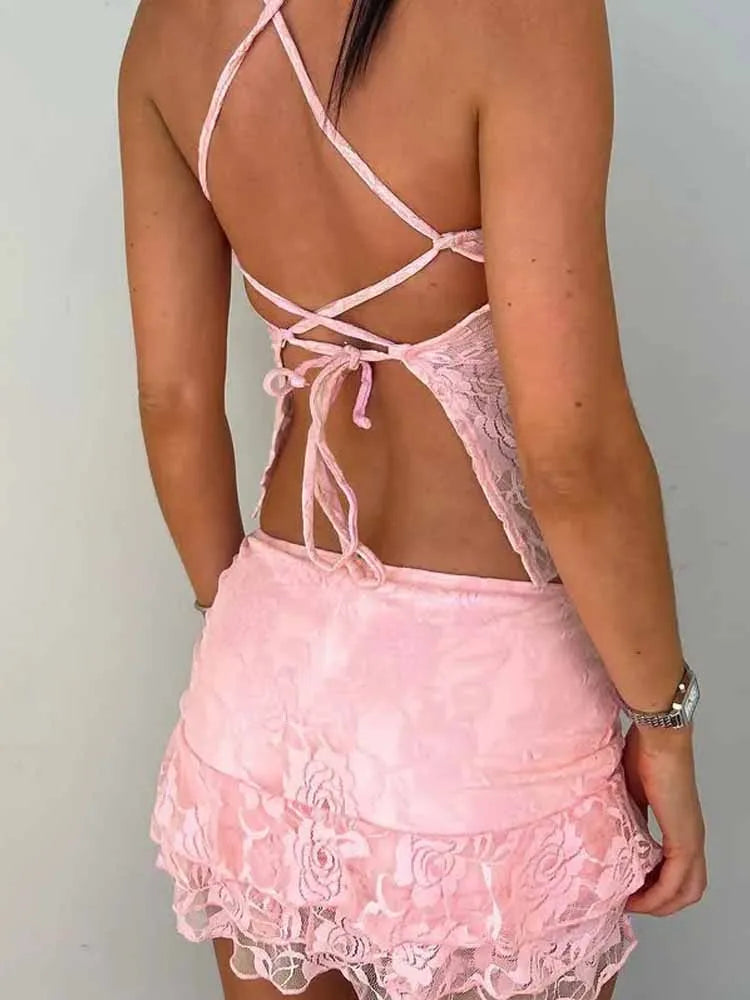 BKQU 2 Piece Set Women Lace Outfits Y2k Sexy Mesh Halter Tie Backless Tank Top Low Waist Ruffle Mini Skirt Suits Party Clubwear