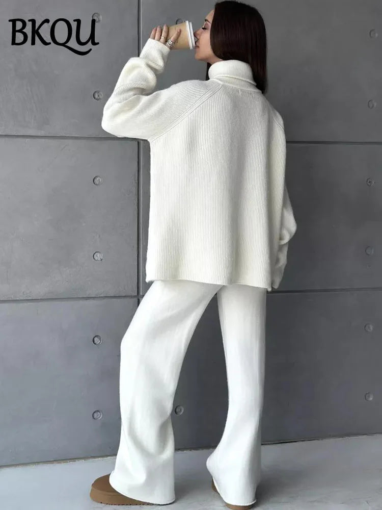 BKQU Turtleneck Zipper Sweater Knitted Pants Two Piece Set Women Autumn Winter Casual Warm Pullover Elastic Wide Leg Tracksuits