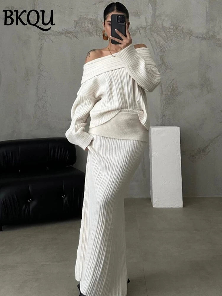 BKQU Knitted Women's Two Pieces Elegant Off Shoulder Sweater Pullover Slim Long Skirt Suit Autumn Winter Party Warm Lady Outfits