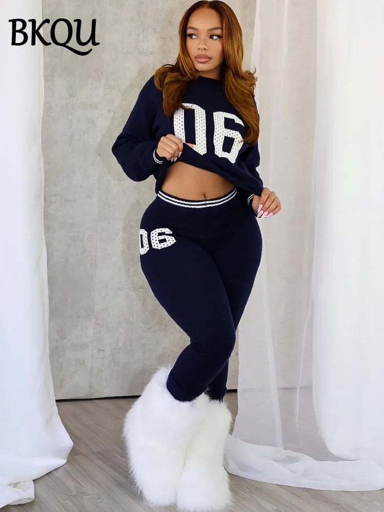 BKQU Casual Knitted Pants Set Women's Number Print O-Neck Long Sleeve Crop Sweater+Skinny Pants Stretch 2 Piece Sets Tracksuits