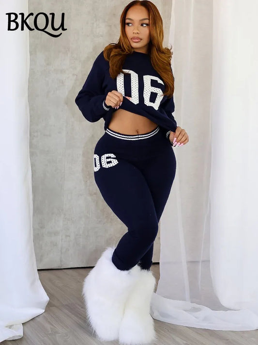BKQU Casual Knitted Pants Set Women's Number Print O-Neck Long Sleeve Crop Sweater+Skinny Pants Stretch 2 Piece Sets Tracksuits