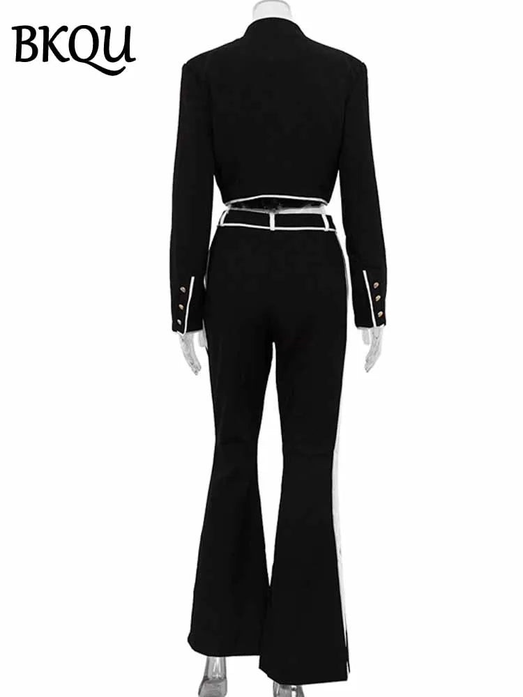 BKQU Fashion Metal Button Crop Jacket Patchwork High Waist Flare Pants Two Piece Set Women 2025 Temperament Elegant Party Outfit