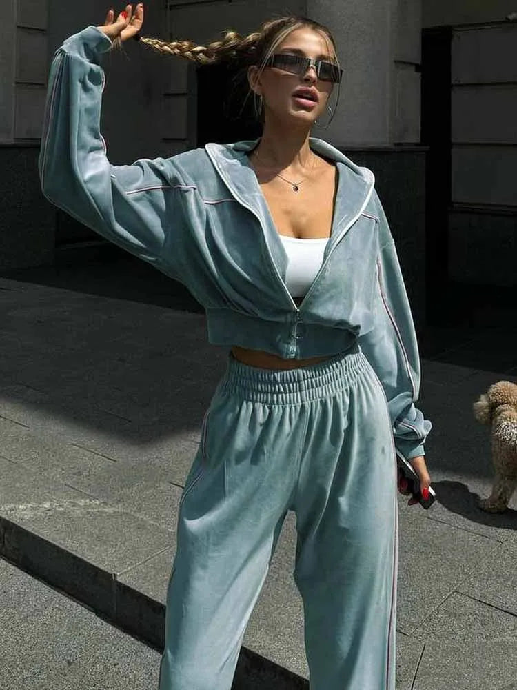 BKQU Women Sweatshirt Pants Suit Casual Stand Collar Zip-Up Jackets Loose Elastic Waist Pants Set Female 2025 Velvet Tracksuits