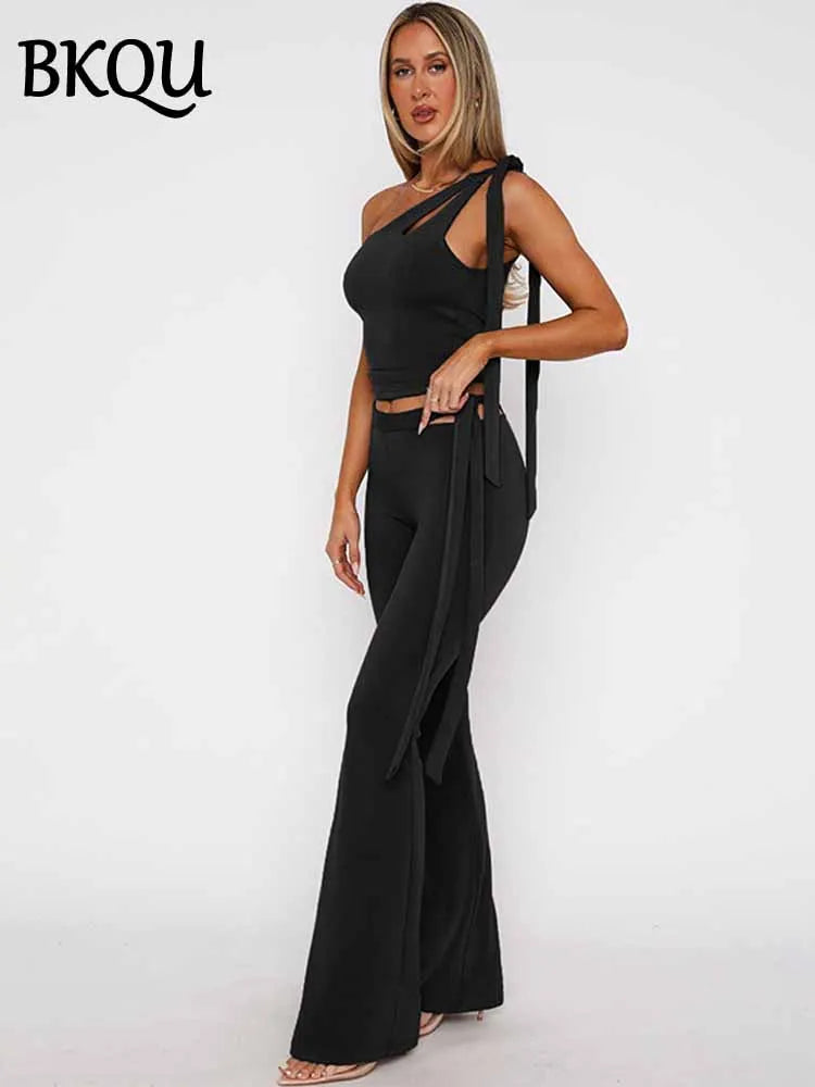 BKQU Lace Up Women 2 Piece Sets One-shoulder Sexy Backless Crop Tops Hollow Out Flare Pants Suits Fashoin Lady Streetwear 2025