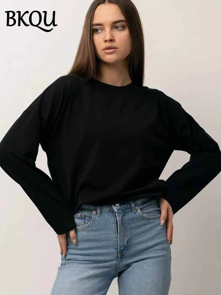 BKQU Solid Color Long Sleeve T Shirt Women Oversized Basic O-neck Cotton Tops Female Casual Soft Loose Pullover Tshirt 13 Colors