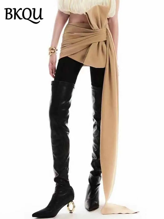 BKQU Asymmetric Pleated Bow Elegant Mini Skirt Women 2025 Spring Summer Fashion High Waist Slim Wrap Hip Short Skirt Party Wear