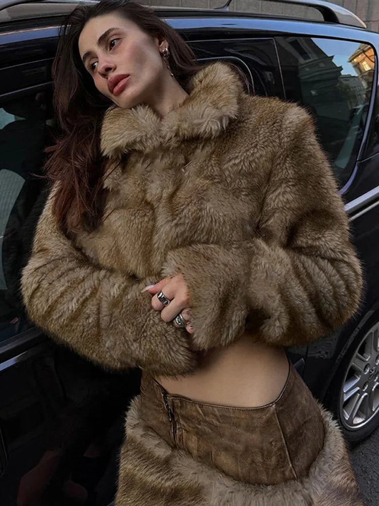 BKQU Leather Splicing Faux Fur 2 Piece Sets Women Autumn Winter Fluffy Warm Lapel Full Sleeve Crop Jacket Low Waist Mini Skirts