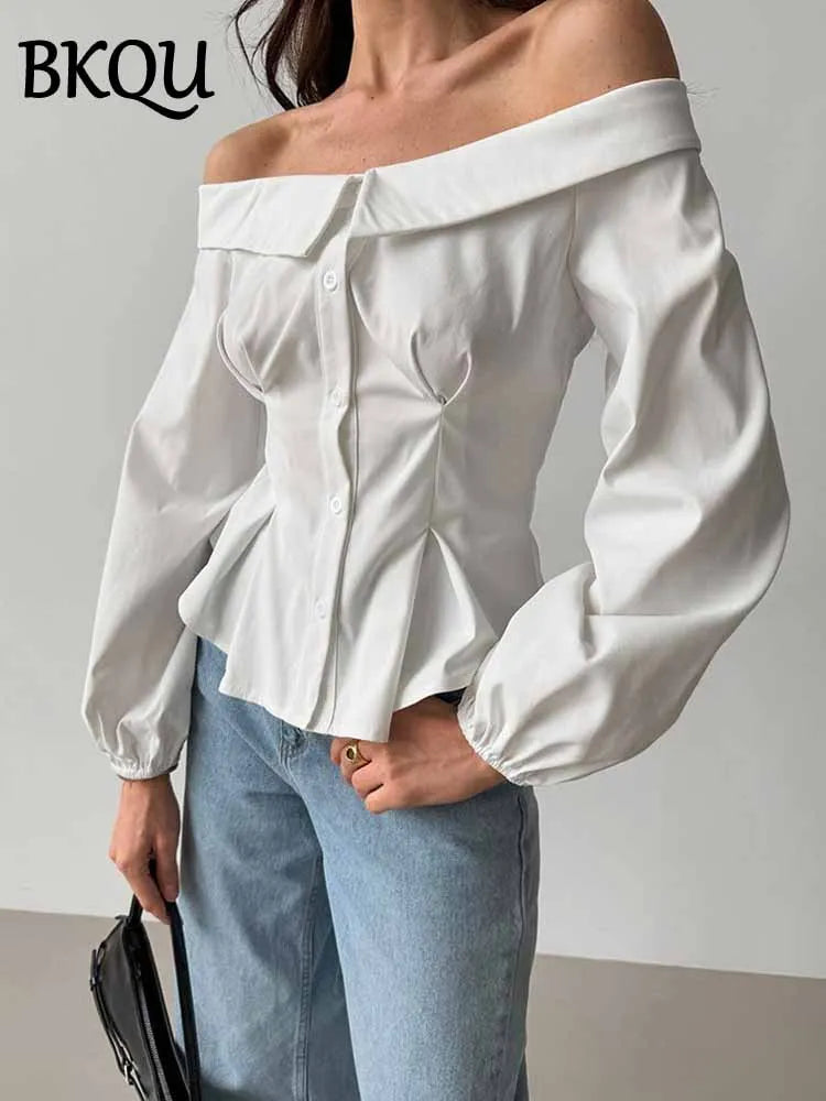BKQU Elegant Off Shoulder Women Lantern Sleeve Shirt Tops White Slim Single Breasted Ruched French Blouse 2025 Spring Streetwear