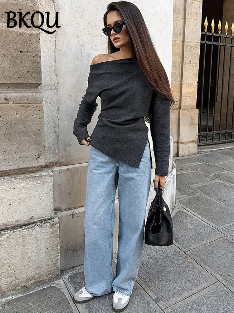BKQU Off Shoulder Fashion Pullover T-shirt Women Casual Solid Color Knitted Long Sleeve Slim Tees 2025 Spring Elegant Street Top