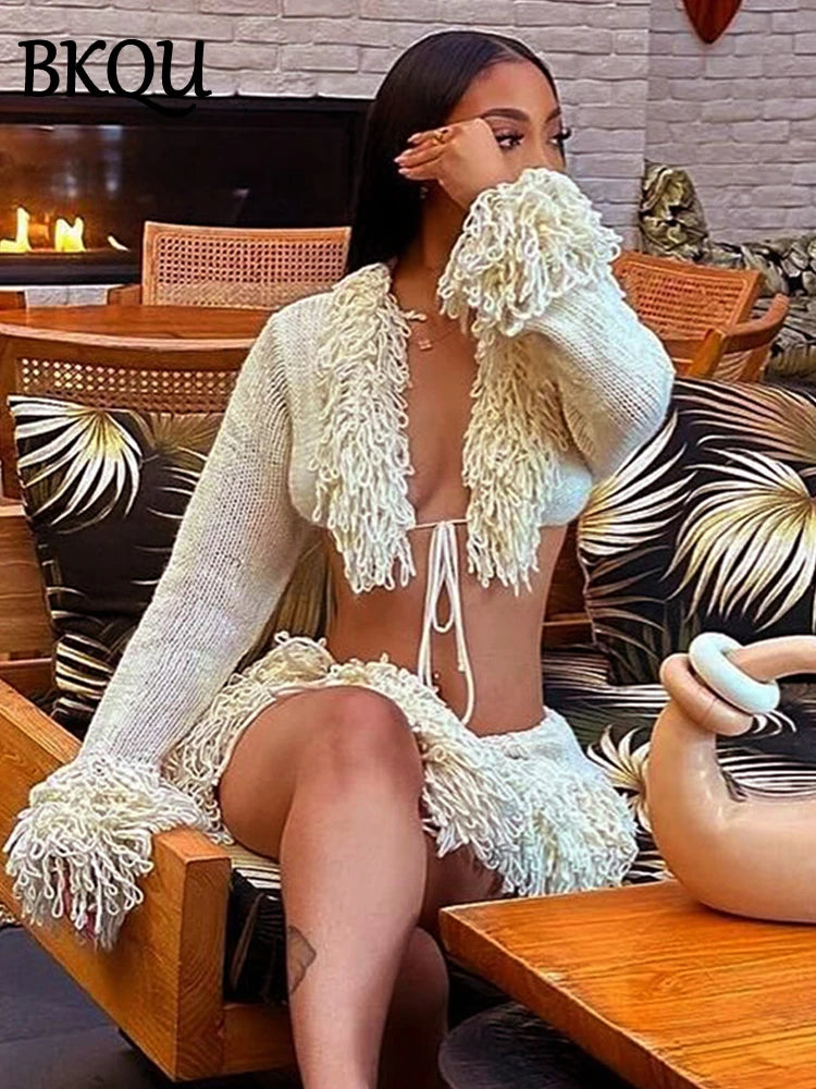 BKQU Knitted Tassels Women 2 Piece Set Long Sleeve Lace-Up Cardigan Sweater and Mini Skirts Matching Sexy Party Clubwear Winter