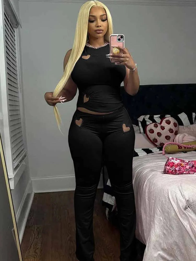 BKQU Heart Ruched Hollow Women 2 Piece Set Casual O-neck Sleeveless Tank Tops+High Waist Skinny Pants Suit Female Y2K Streetwear