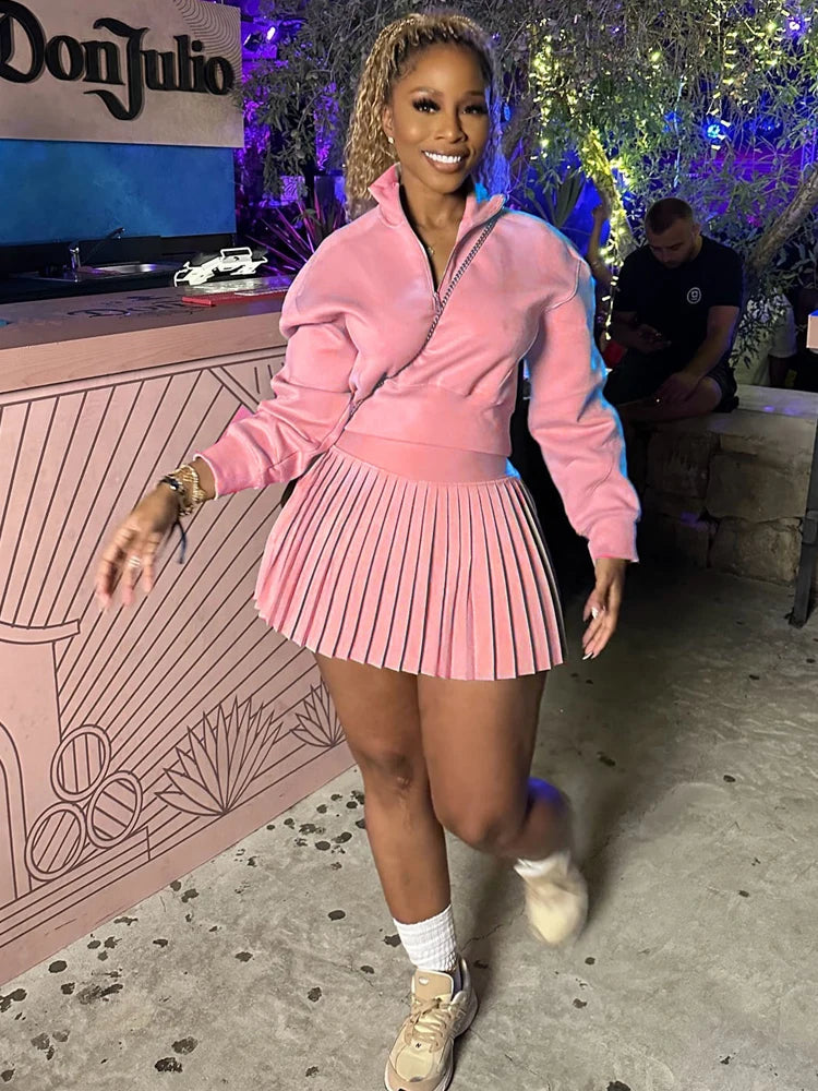 BKQU Elegant Solid 2 Piece Set Women Casual Long Sleeve Sweatshirt Pleated Mini Skirt Suit Autumn Winter Party Simple Clothing