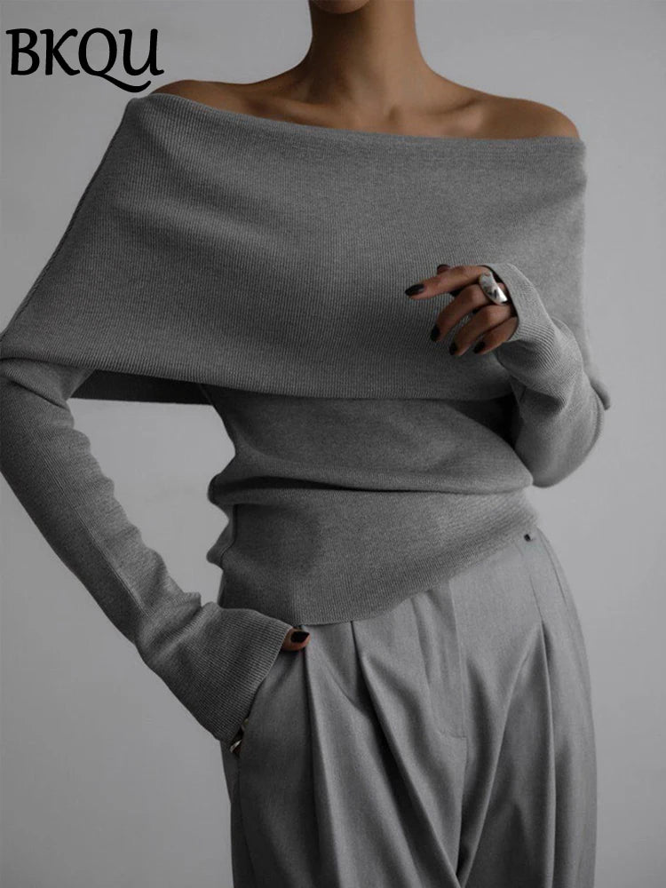 BKQU Elegant Off Shoulder Knitted T-Shirts Women Autumn Winter Slim Slash Neck Long Sleeve Pullover Tops Streetwear Basic Tees