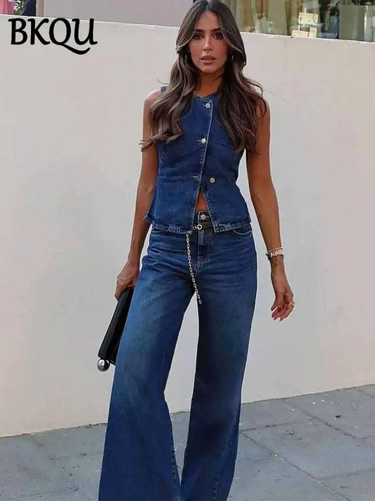 BKQU Hight Street Denim 2 Piece Sets Women Fashion Sleeveless Single Breasted Vest Top Wide Leg Pants Suit 2025 New Jeans Outfit