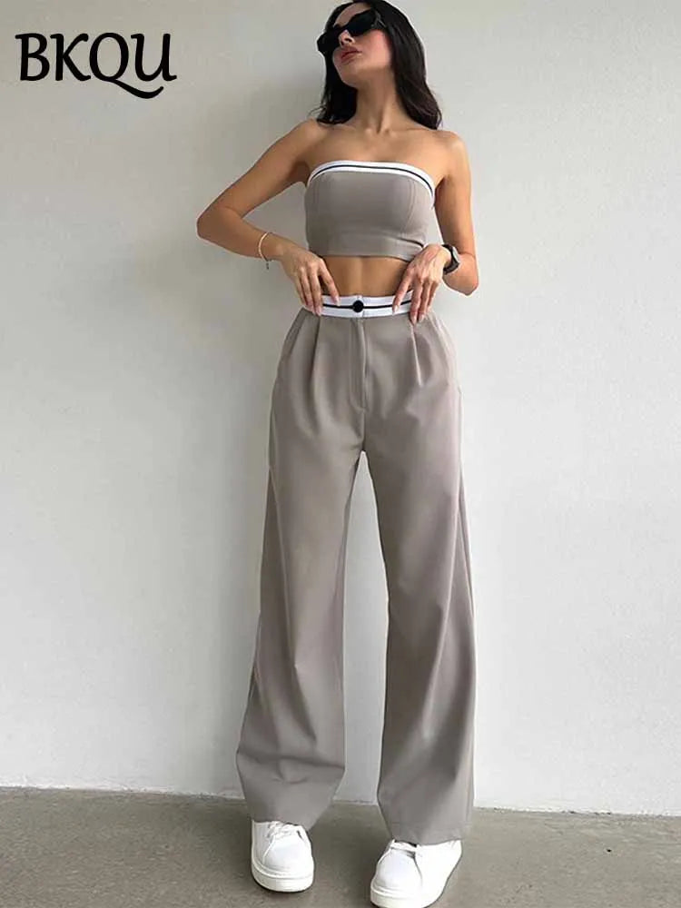 BKQU Strapless Vest Pants 2 Piece Set Women's 2025 Summer Contrast Sports Tube Bra + Wide Leg Trousers Casual Lady Street Outfit