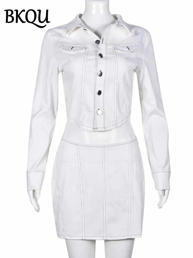 BKQU Denim Cargo Style 2 Piece Set Women Long Sleeve Single-Breasted Jacket Striped Mini Skirt Casual Matching Set 2025 Street