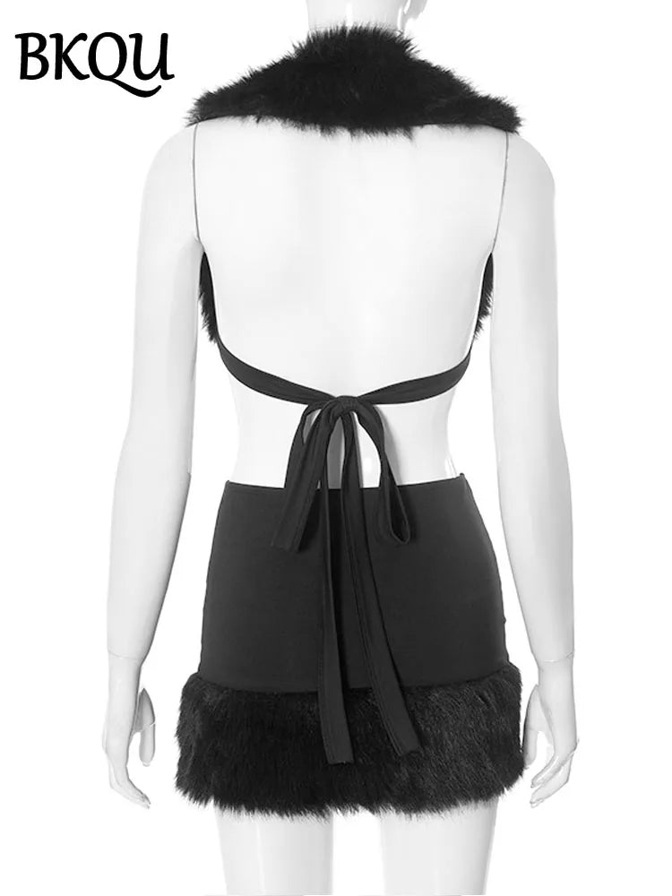 BKQU Furry Patchwork 2 Piece Set Women Sexy Halter Deep-V Backless Lace Up Mini Vest Bodycon Skirts Midnight Party Y2K Clubwear