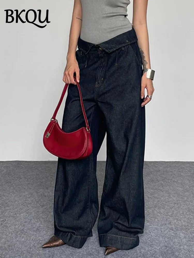 BKQU Straight Jeans Women Streetwear Y2k Fold High Waist Baggy Casual Wide Leg Harajuku Denim Trouser Vintage Grunge Jeans Pants
