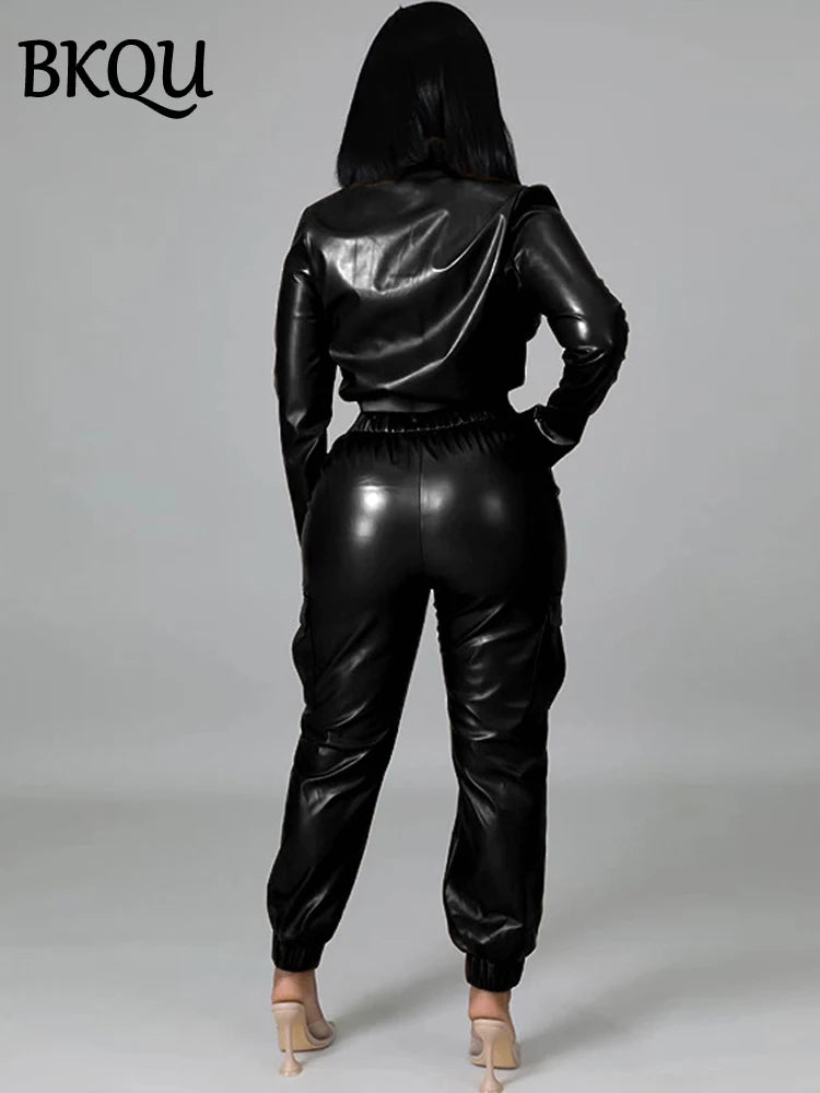 BKQU Women Pants Sets PU Leather Single Breasted Coat High Waisted Pockets Slim Pencil Pants 2 Piece Sets Fashion Winter Outfits