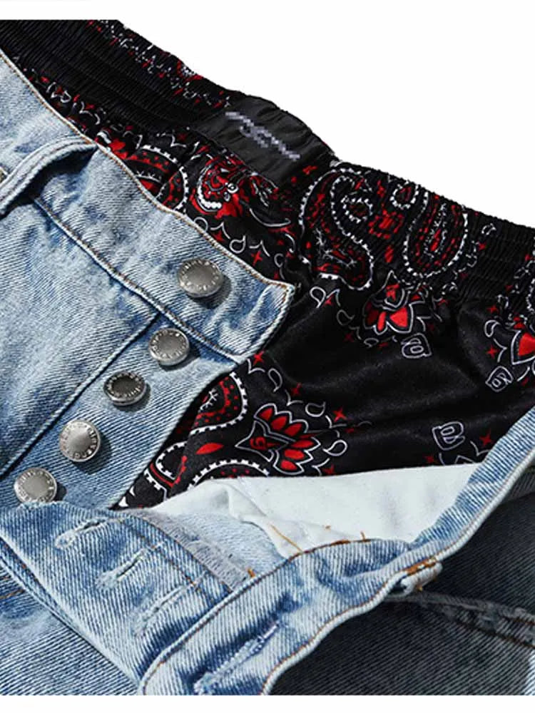 BKQU Ripped Straight Jeans Women American Vintage Print Spliced High Waist Denim Wide Leg Pants Hip Hop Y2k Wild Streetwear 2025