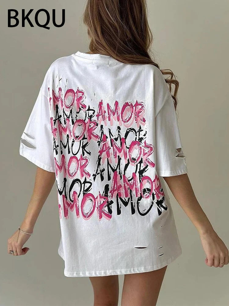 BKQU Letter Print Oversized T Shirt Aesthetic Y2k Ripped Clothes Women Short Sleeve Fashion Contrast Holes Loose Tee Streetwear