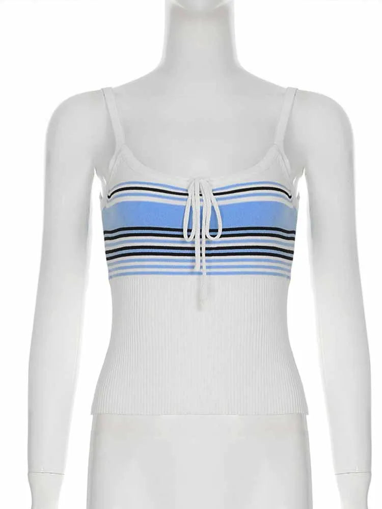 BKQU Knitted Casual Vest Pants 2 Piece Set Women Contrast Lace Up Sleeveless Crop Top Loose Drawstring Wide Leg Pants Y2 Outfits