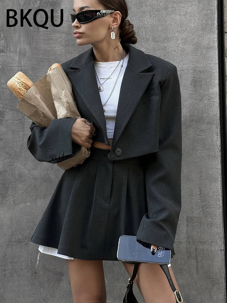 BKQU Fashion Two Piece Sets Women Jacket Outfit 2024 Vintage Long Sleeve Button Coat+High Waist Mini Skirt Female Y2K Streetwear