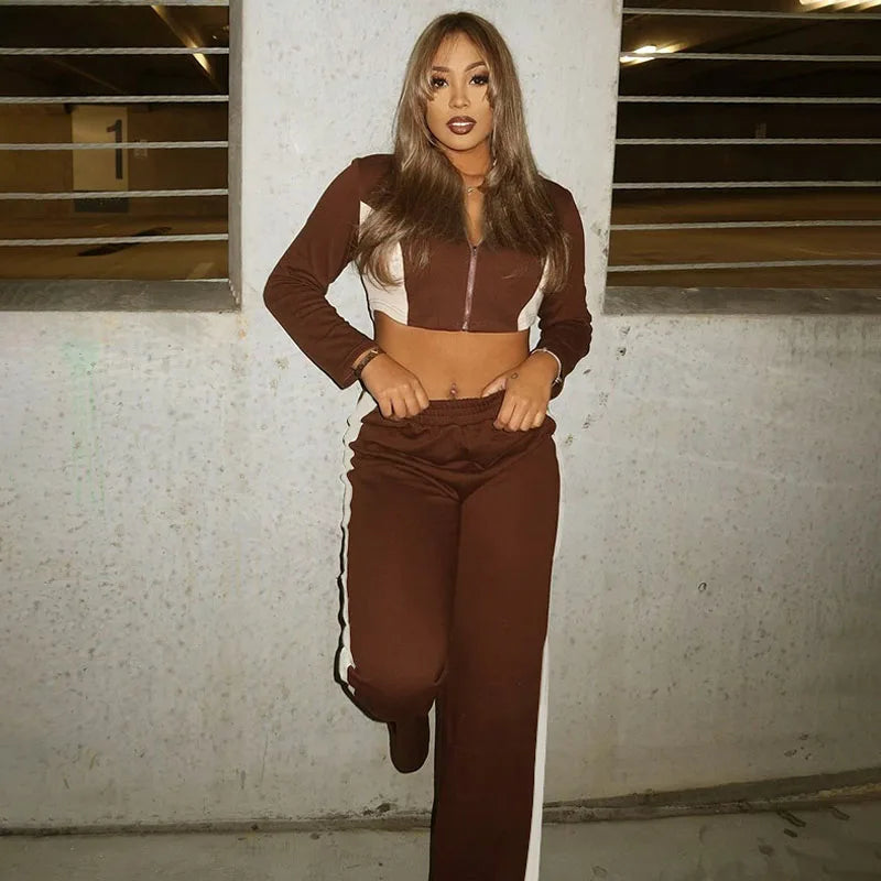 BKQU Patchwork Women Tracksuits Casual 2 Piece Set Long Sleeve Zip-up Jackets Crop Top + High Waist Jogger Pants Street Outfits